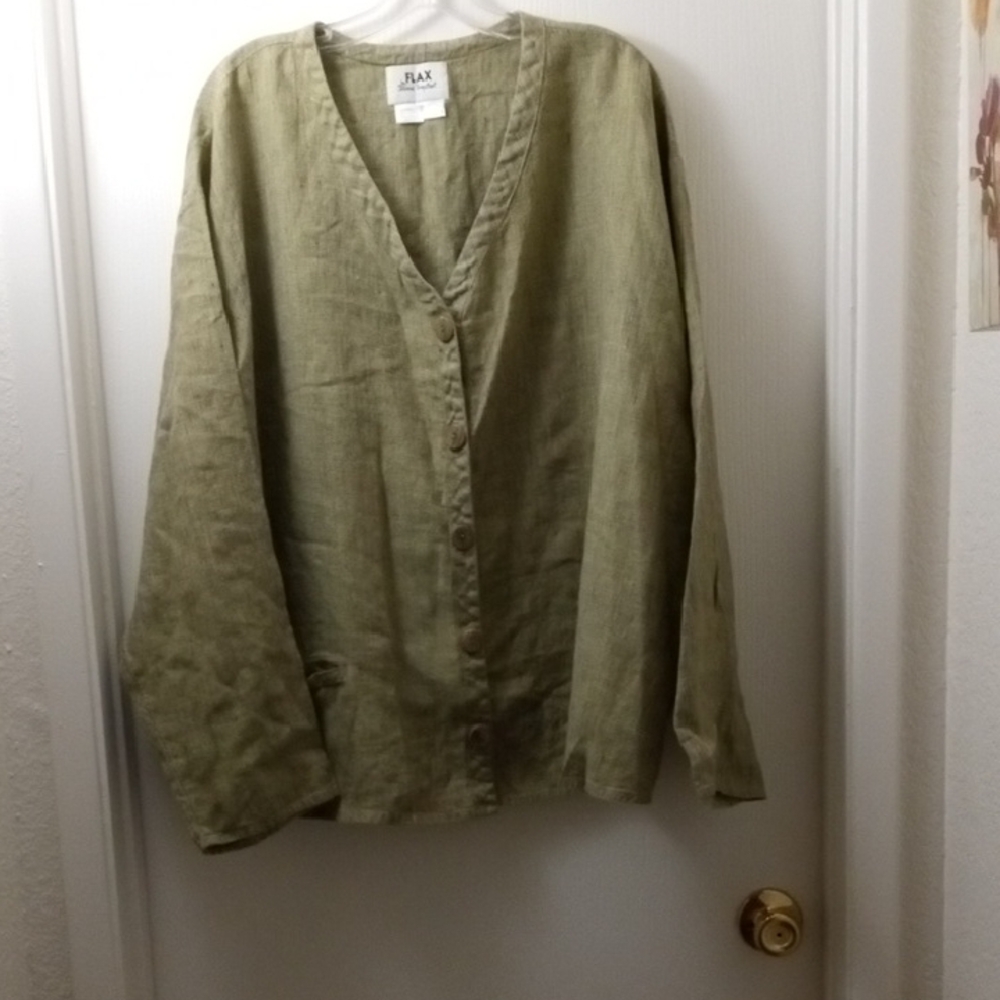 Flax Green Linen Button-Up Shirt Size 3x Green With Brown Notes Very Lovely